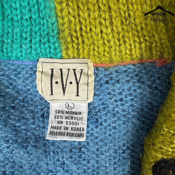 VTG 90s IVY Mohair Blend Colorblock Knit Sweater L Blue Pink Cozy Artsy Bold Y2K - Picture 2 of 8